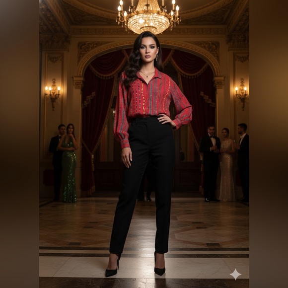 Mi Tops - RARE Mii au cinema Red Chain Pattern print long sleeve silk blouse Shirt small